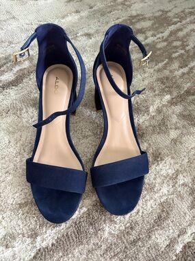 ALDO Navy Suede Ankle Strap Heels with Gold Buckle